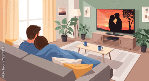 Flat vector of couple cuddling on sofa watching movie with popcorn, cozy romantic home date night illustration