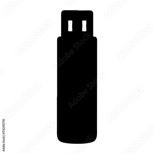 Vector art of a simple black usb drive, standing upright, emphasizing its compact size and essential role in modern data management and transfer