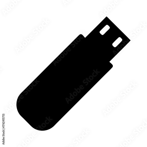 Vector art of a sleek black usb drive, angled to the right, showcasing its simple design and functionality for data storage and transfer