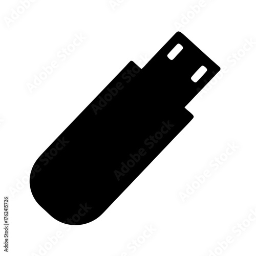 Vector art of a sleek black usb drive, angled to the right, highlighting its streamlined form and practical function for digital file storage