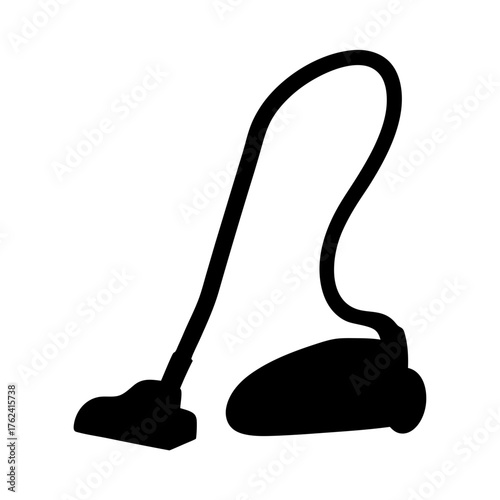 Vector art of a black silhouette of a vacuum cleaner, showcasing its hose, body, and cleaning head, ideal for cleaning and maintenance
