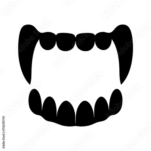 Vector art of a black silhouette of vampire teeth, featuring sharp fangs and a menacing grin, perfect for halloween and horror themes
