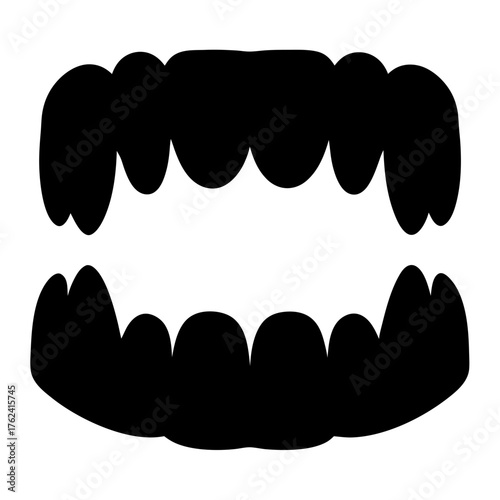 Vector art of a black silhouette of vampire teeth, showcasing a menacing grin and sharp fangs, ideal for halloween and horror themes
