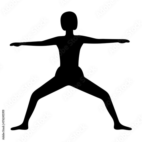 Vector art of silhouette of a person in a warrior pose, a yoga asana that strengthens the legs, core, and arms