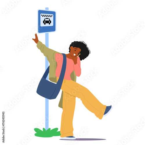 Woman cartoon character being late calling taxi by phone standing at parking place vector scene