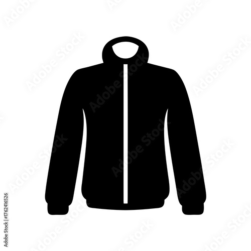 Vector art of a modern black jacket, featuring a full zipper and a relaxed fit, suitable for everyday wear and outdoor activities