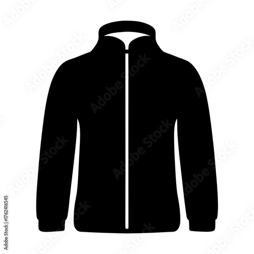 Vector art of a sleek black jacket, featuring a full zipper and a high collar, perfect for layering in cool weather conditions
