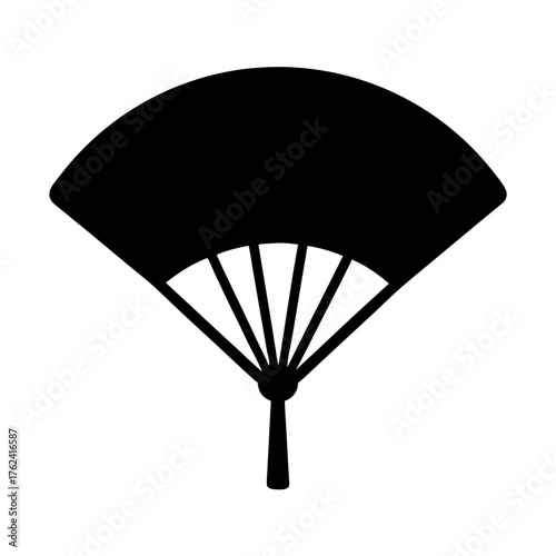 Vector art of a black silhouette of a folding hand fan, representing its practical use and cultural significance in a clean, modern style