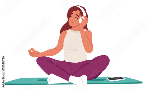 Woman cartoon character practicing mindfulness exercise listening audio podcast in headphones