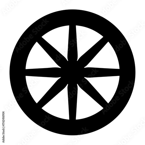 Vector art of a black and white image of a wheel with eight spokes radiating from a central hub, , creating a circular design