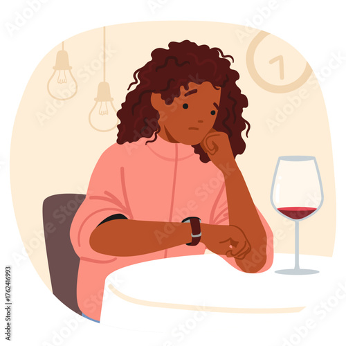 Young woman cartoon character waiting for boyfriend being late sitting at restaurant table alone