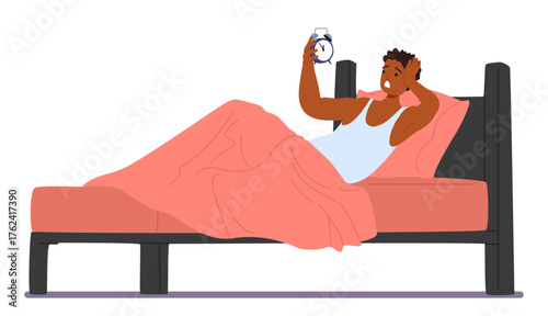 Scared man cartoon character screaming looking at alarm clock discovering that overslept and late