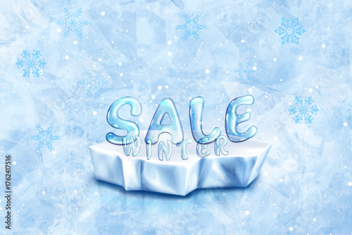 ice floe with the letters of the words winter sale on a blue background