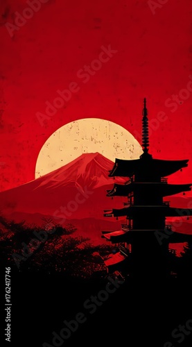 A beautiful silhouette of a pagoda against a vibrant red sunset with a mountain backdrop creating a serene atmosphere
