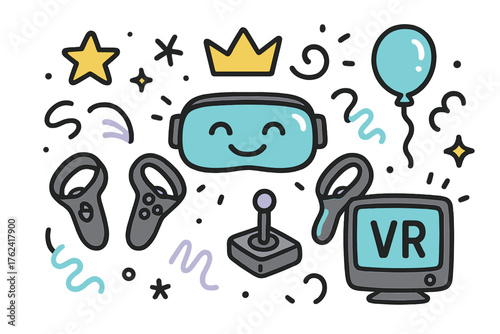 VR Gaming Icon Set. VR gaming doodle icon set: hand drawn icons of VR headset with smile, controllers, crown, star, balloon,