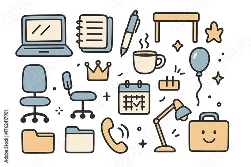 Office Doodle Icons. Office work doodle icon set: hand drawn icons of laptop, notebook, pen, coffee cup, desk, chair, calendar,