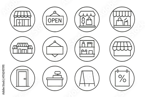 Retail Storefront Icons. Line style round icons of retail storefronts: shop facade, open sign, boutique icon, display window;