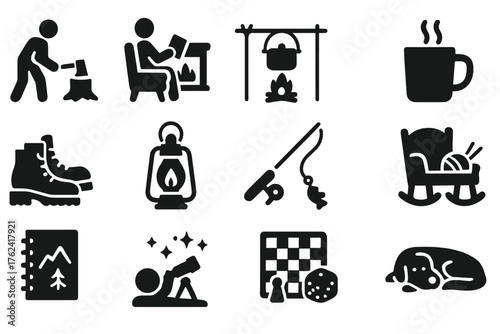 Cabin Lifestyle Icons. Solid style icons of Cabin lifestyle and activities: chopping wood, reading by fire, cooking stew, sipping
