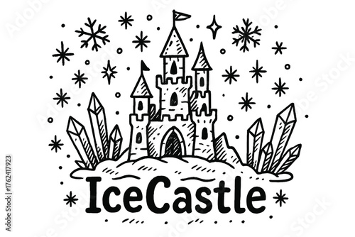 Doodle Ice Castle. Doodle ice castle with stars, snowflakes, and crystals, center word “IceCastle” in black and white isolated