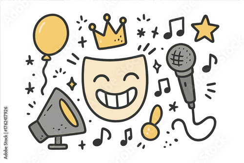 Doodle Comedy Show. Comedy show illustration doodle style: hand drawn laughing mask with smile, microphone, crown, star, balloon,