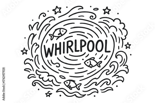 Doodle Whirlpool Magic. Doodle magical whirlpool with waves, fish, and stars, center word “Whirlpool” in black and white isolated