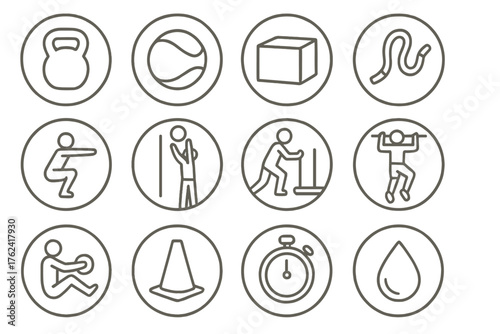 Functional Fitness Icons. Line style round icons of functional fitness: kettlebell, medicine ball, box jump, rope; bodyweight