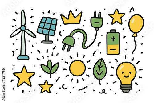 Energy Icon Doodles. Energy doodle icon set: hand drawn icons of wind turbine, solar panel, plug, battery, crown, star, balloon,