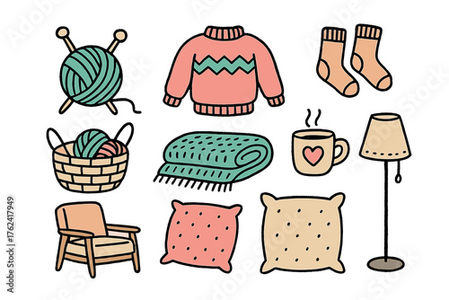Cozy Knitting Icons. Knitting cozy doodle icon set: hand drawn icons of yarn ball, knitting needles, sweater, socks, blanket,