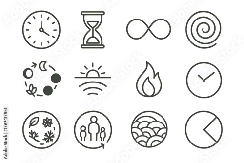 Time and Eternity Icons. Line style round icons of time and eternity: clock, hourglass, infinity, spiral; cycle, moon phase, sun