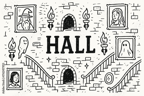 Enchanted Hallway Doodle. Doodle enchanted hallway with portraits, torches, and staircases, center word “Hall” in black and white