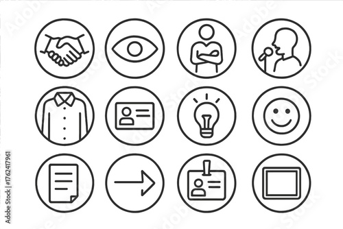 Self-Presentation Icons. Line style round icons of self-presentation: handshake, eye contact, confident pose, speaking mic; dress