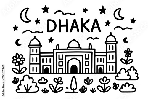 Dhaka Doodle Wonderland. Doodle dhaka lalbagh fort with stars, moons, and gardens, center word “Dhaka” in black and white isolated