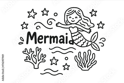 Mermaid Doodle Art. Doodle mermaid with stars, corals, and waves, center word “Mermaid” in black and white isolated transparent