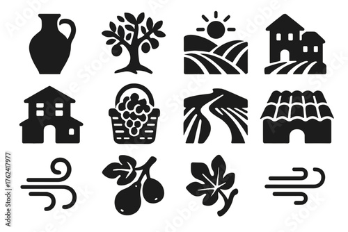 Mediterranean Vineyard Icons. Solid style icons of Mediterranean Vineyard: terracotta jug, olive tree, sunlit hill, stone villa,