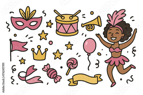 Carnival Celebration Icons. Carnival doodle icon set: hand drawn icons of mask, drum, trumpet, flag, crown, star, balloon, ribbon,