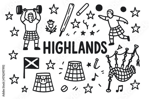 Highland Games Doodle. Doodle scotland highland games with kilts, bagpipes, and stars, center word “Highlands” in black and white