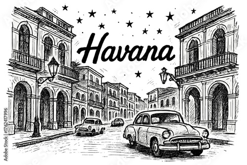Havana Streets at Night. Hand-drawn havana streets with lanterns, cars, and stars, center word “Havana” in black and white
