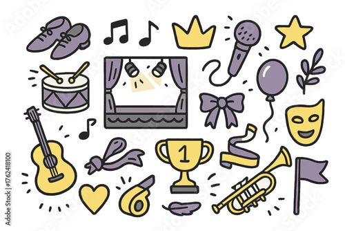 Dancing Doodle Icons. Dancing hobby doodle icon set: hand drawn icons of shoes, music notes, crown, star, stage, lights, drum,