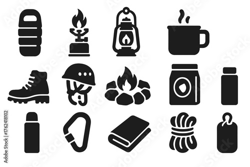 Cave Camp Essentials. Solid style icons of cave camp: Sleeping bag, portable stove, lantern, camp mug, climbing boot, helmet hook,