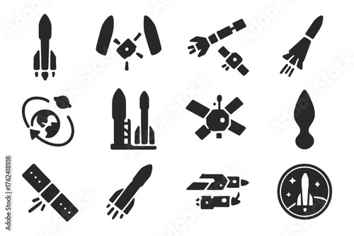 Satellite Launch Icons. Solid style icons of Satellite Launch: rocket launch, payload fairing, satellite separation, booster stage