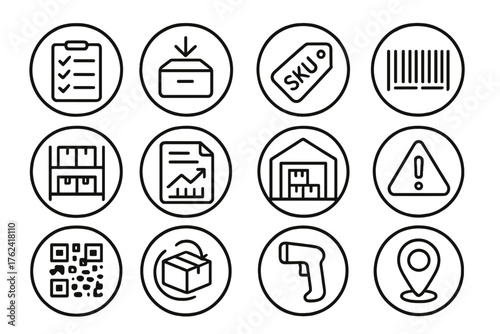 Inventory Management Icons. Line style round icons of inventory management: stock count, reorder point, SKU tag, product barcode;