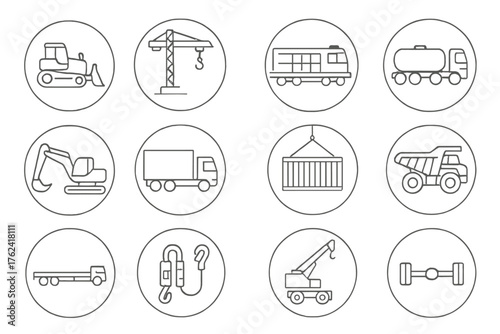 Heavy Transport Icons. Line style round icons of heavy transport: bulldozer, crane, freight train, tanker; excavator, trailer