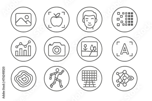 Computer Vision Icons. Line style round icons of computer vision: image recognition, object detection, bounding box, facial scan;