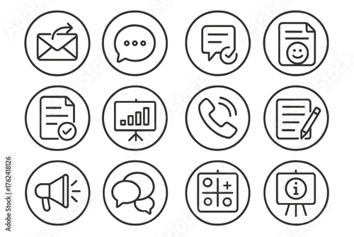 Project Communication Icons. Line style round icons of project communication: email thread, message icon, status update, feedback
