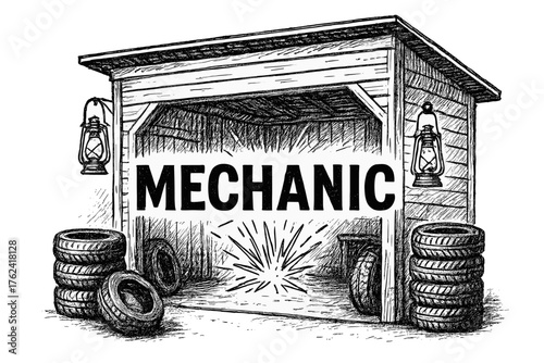Mechanic's Garage Art. Hand-drawn garage with tires, lanterns, and sparks, center word “Mechanic” in black and white isolated