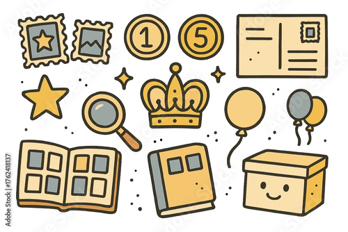 Doodle Icon Collection. Collecting doodle icon set: hand drawn icons of stamps, coins, postcards, crown, star, balloon, album,