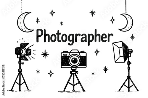 Studio Photography Magic. Hand-drawn photo studio with moons, tripods, and lights, center word “Photographer” in black and white