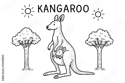 Kangaroo with Joey. Hand-drawn kangaroo with suns, joey, and trees, center word “Kangaroo” in black and white isolated transparent