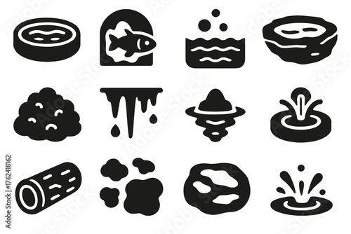 Underground Springs Icons. Solid style icons of Underground Springs: freshwater pool, cave fish, bubbling water, rock basin, green