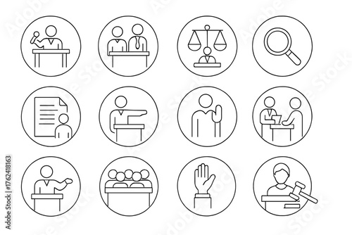 Legal Process Icons. Line style round icons of legal process: trial, testimony, verdict, evidence; subpoena, opening statement,